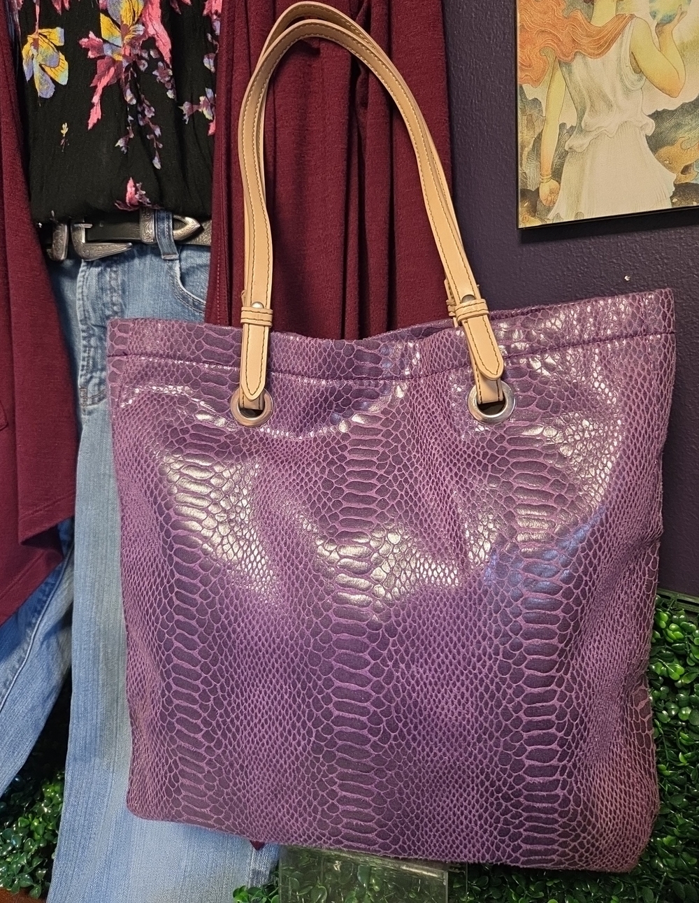 Merona Purple Faux-Snake Tote with Tan Shoulder Straps